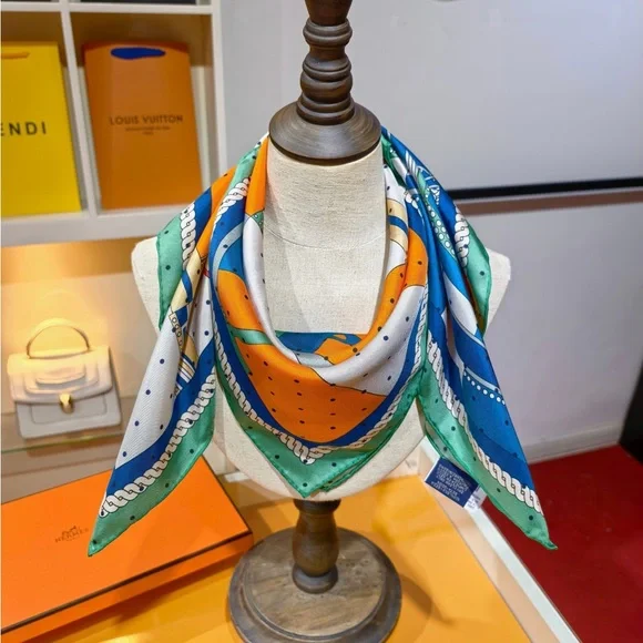 Hermes Orange and Blue Striped Scarf with Wheel Motif - Picture 6 of 6